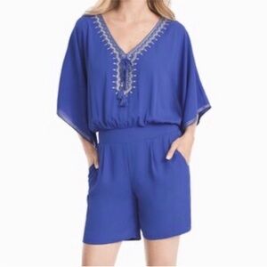 White House Black Market Blue Kimono Sleeve Embroidered Romper